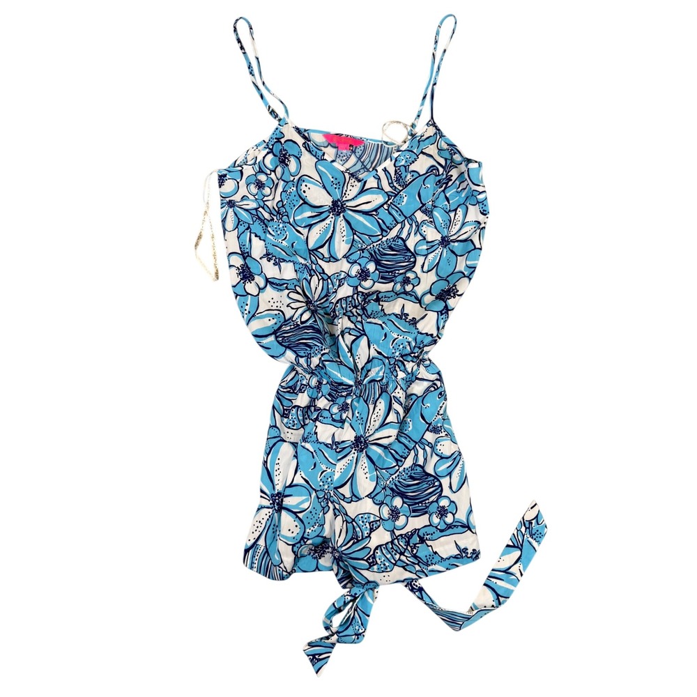 Lilly Pulitzer Blue White Floral Sleeveless Tie Front Romper Small